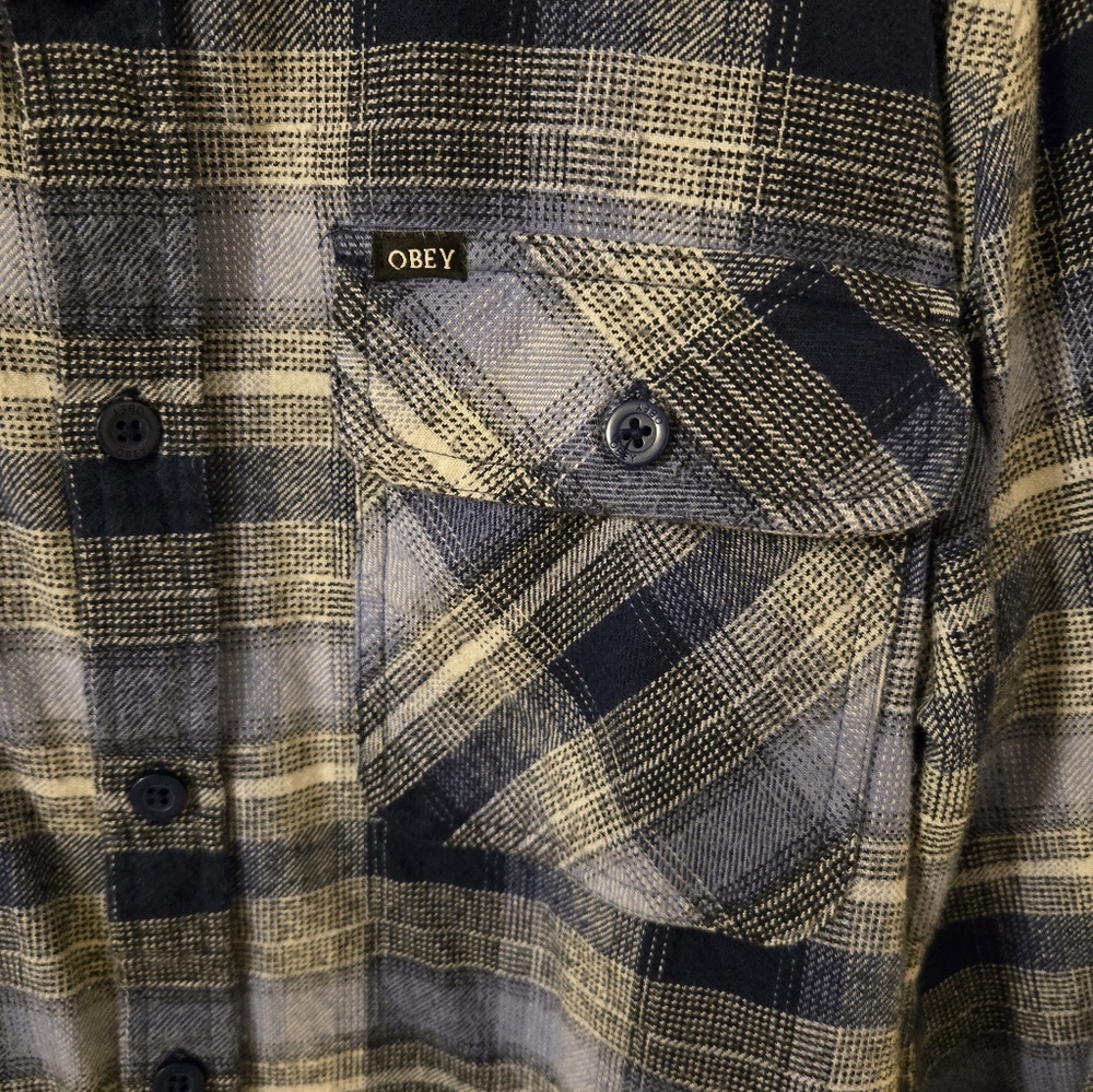 OBEY Men's Blue Plaid Flannel Shirt - Picture 4 of 8